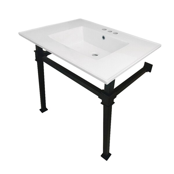 Kingston Brass KVPB31224Q0 31-Inch Ceramic Console Sink (4" Faucet Drilling), White/Matte Black KVPB31224Q0 - main